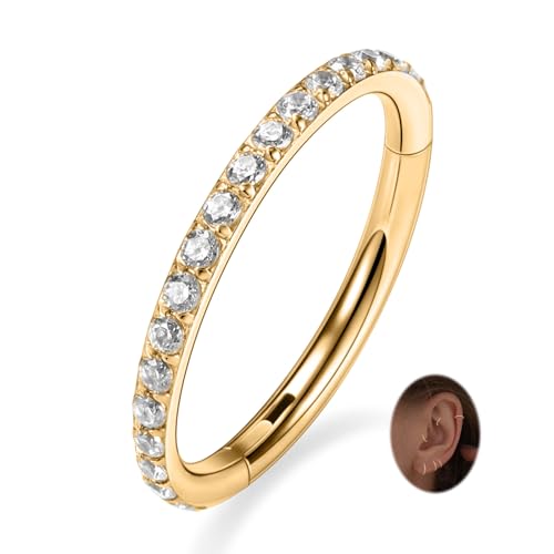 PEAKLINK Nose Ring 316L Surgical Steel Helix Cartilage Conch Earring with Gem Septum Clicker Daith Rook Tragus Lip Belly Ear Lobe Piercing Jewelry Nose Hoop, Diameter 5mm to 12mm - color: Gold with Clear CZ