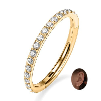 PEAKLINK Nose Ring 316L Surgical Steel Helix Cartilage Conch Earring with Gem Septum Clicker Daith Rook Tragus Lip Belly Ear Lobe Piercing Jewelry Nose Hoop, Diameter 5mm to 12mm - color: Gold with Clear CZ