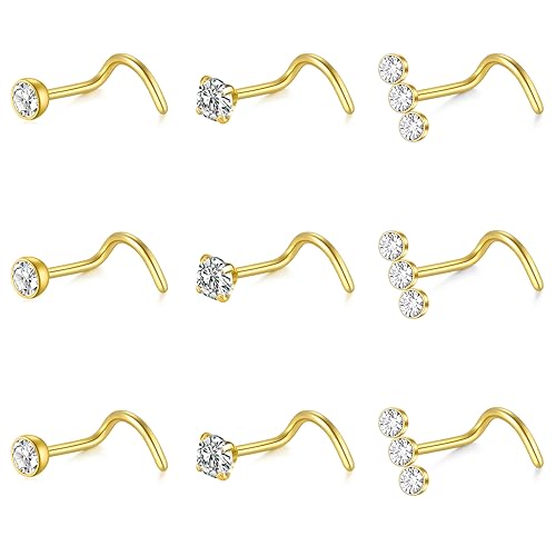 Mayhoop 20G Nose Rings Studs 316L Surgical Stainless Steel L Shape Bone Diamond Heart Corkscrew Nose Ring Nostril Piercing Jewelry For Women Men - color: Screw-Gold-A