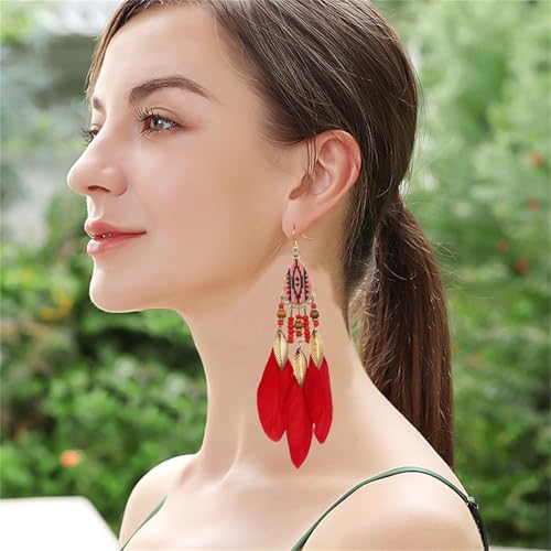 Dreuyet Boho Long Feather Drop Dangle Earrings for Women Retro Bohemian Ethnic Fringe Multicolor Tassel Feather Earring Handmade Statement Dream Catcher Earrings Jewelry - color: Red Teardrop