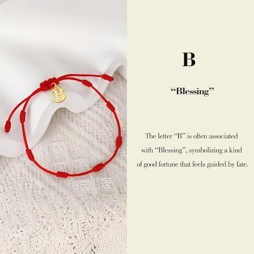 Red String Bracelet with Initial Letter and 7 Protective Knots – Adjustable Kabbalah Bracelet for Women & Men, Personalized Good Luck Charm for Positive Energy - color: b