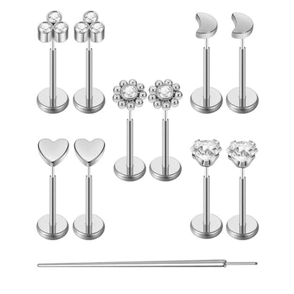 Uni-J 10pcs 20G/18G/16G Threadless Push-in Tragus Conch Cartilage Flat Back Helix Labret Monroe Lip Ring Daith Piercing Jewelry - color: Silver 8mm