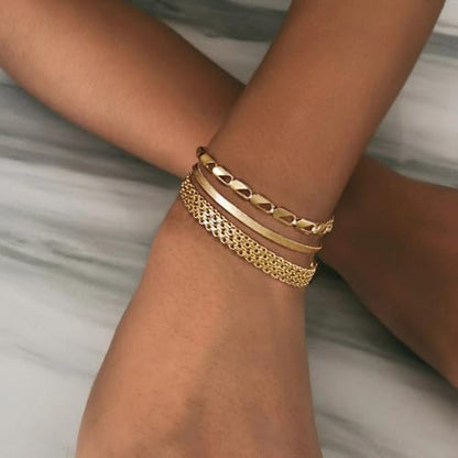 Gold/Silver Bracelets for Women,14K Real Gold Plated Bracelets Stack Trendy Jewelry Sets Stackable Snake Chain Figaro Paperclip Link Chain Adjustable Bracelet Pack Jewelry for Women - style: 3PCS-GD