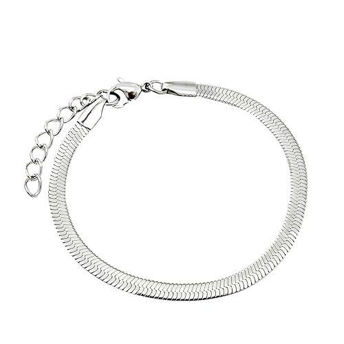 Waterproof 14K Gold Over Herringbone Chain Bracelet Anklet for Women and Men, Ankle Bracelet Premium Solid Stainless Steel (Silver) - size: 9.5 Inch, style: WIDTH - 4 MM