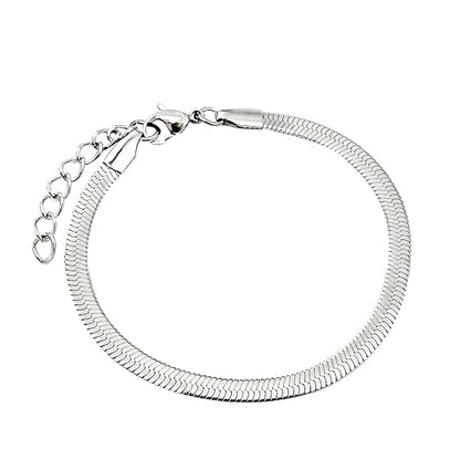 Waterproof 14K Gold Over Herringbone Chain Bracelet Anklet for Women and Men, Ankle Bracelet Premium Solid Stainless Steel (Silver) - size: 9.5 Inch, style: WIDTH - 4 MM