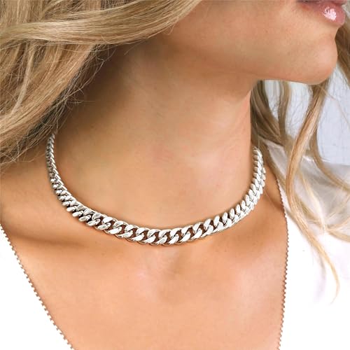 WomenGifts Cuban Link Chain Necklace for Women, Waterproof 14k Gold Silver Plated Chain Choker, Non Tarnish Stainless Steel Jewelry, 3.5/5/6/8/11mm,14/16/18 Inch Thin&Chunky&Thick - color: Silver, style: 11MM-14"