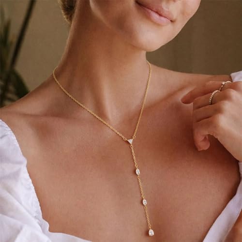 Lariat Gold Necklace for Women, 14K Gold Plated Dainty Drop Y Necklace, Waterproof Non Tarnish Long Layered Beaded Chain Lariat Necklace Prom Jewelry Summer Vacation Gift for Her - color: Gold-1