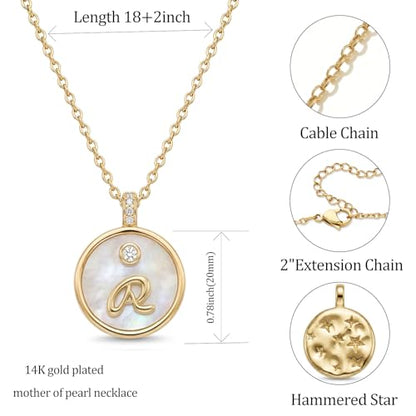 Initial Necklaces for Women Mother of Pearl Gold Letter Necklace Pendant - color: Letter R