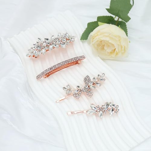 4 Pieces Rhinestone Hair Clips Leaf Wedding Hair Pins Crystal Bobby Pins Bridal Hairpin Barrette for Brides Bridesmaids Flower Girls (Rose Gold) - color: Rose Gold