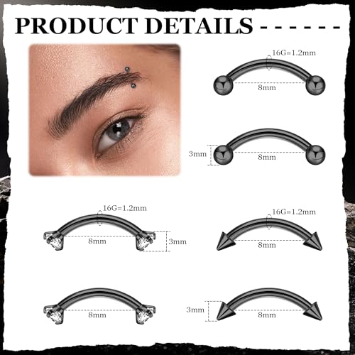 16G G23 Pure Titanium Eyebrow Piercing Jewelry for Women Men Small Curved Barbell Belly Ring Eyebrow Vertical Labret Lip Tongue Ring Rook Helix Conch Daith Earring Piercing Jewelry 6-10MM - color: Black, size: 8MM-Top Pick
