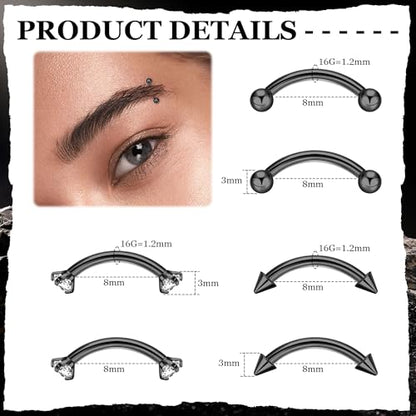 16G G23 Pure Titanium Eyebrow Piercing Jewelry for Women Men Small Curved Barbell Belly Ring Eyebrow Vertical Labret Lip Tongue Ring Rook Helix Conch Daith Earring Piercing Jewelry 6-10MM - color: Black, size: 8MM-Top Pick