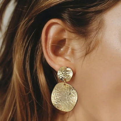 Large Geometric Drop Dangle Earrings for Women Pearl Teardrop Disc Rectangle Oval Fishtail Shell Shaped Textured Dangle Studs Earrings for Women - color: Gold-Disc