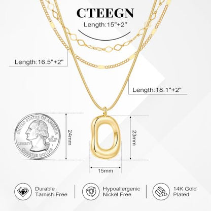 14K Gold/Silver Plated Dainty Snake Chain Layered Necklace for Women | Irregular Oval Pendant Minimalist Dainty Statement Gold Layering Everyday Jewelry - color: Gold - Champagne