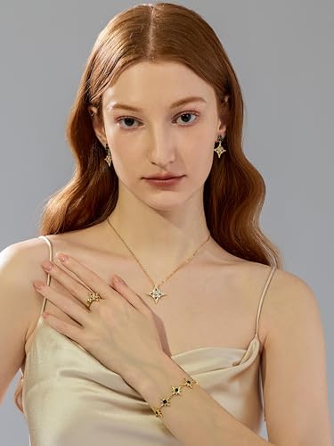 Celestial Star Moon Pendant Necklaces for Women Trendy, 14K Gold Plated Dainty Charm Necklaces with Green Blue Zircon, Gold Pendant Necklace for Wedding & Everyday Wear - style: Starburst Necklace