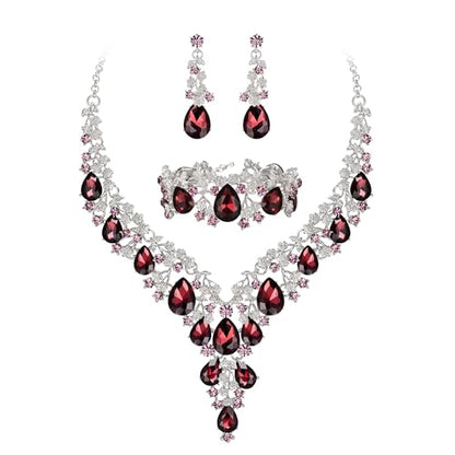 BriLove Women's Wedding Bridal Austrian Crystal Teardrop Flower Cluster Statement Necklace Dangle Earrings Jewelry Set for Party Prom - color: 3Pcs-Deep Amethyst Color Silver-Tone