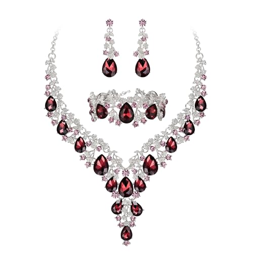 BriLove Women's Wedding Bridal Austrian Crystal Teardrop Flower Cluster Statement Necklace Dangle Earrings Jewelry Set for Party Prom - color: 3Pcs-Deep Amethyst Color Silver-Tone