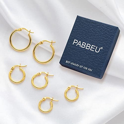 PABBEU 925 Sterling Silver Small Hoop Earrings Set for Women Hypoallergenic | 3Pairs Cubic Zirconia Small Huggie Hoop Earrings Set 13/15/20mm,Nickel-Free Lightweight Comfortable Sleeper Earrings Gift Set - color: 13/15/20mm T Gold