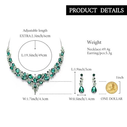 Women's Wedding Statement Necklace Dangle Earring Jewelry | Austrian Crystal Teardrop Cluster,Necklaces Earrings Set for Bride Bridesmaid,Prom Accessories - color: 04-Emerald Color Silver-Tone