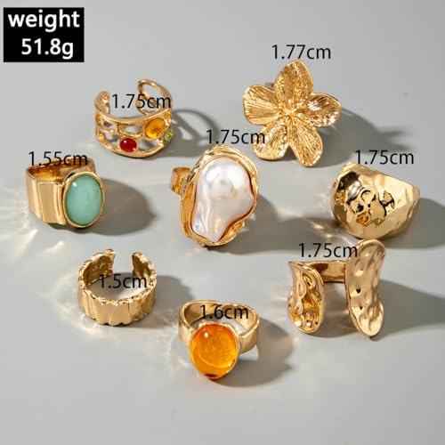 Rrdaily 14K Gold Plated Stackable Knuckle Rings Set for Women Trendy Chunky Simulation Gemstone Signet Rings Dainty Midi Finger Rings Pack Aesthetic Statement Jewelry for Bridesmaid Wedding Gifts - style: 8 Pcs Gold