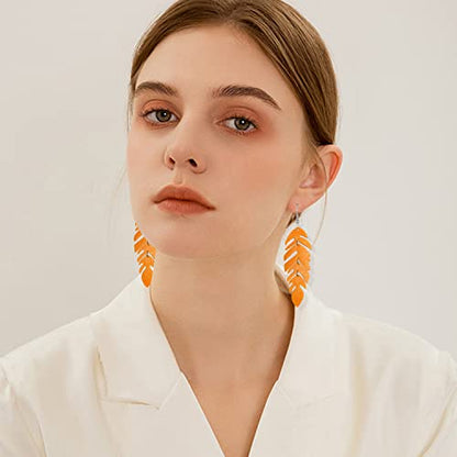 Handmade Unique Lightweight Bohemian Genuine Leather Leaf Dangle Drop Earrings Dainty Sparkly Chain Feather Hook Earring for Women Statement - color: Orange