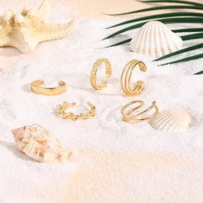 5Pcs Toe Rings for Women | Adjustable Toe Rings,Non Tarnish Ring,Open Band Toe Rings Set Summer Beach Gifts - color: Gold