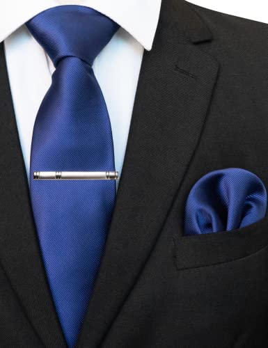 JEMYGINS Solid Color Formal Necktie and Pocket Square Tie Clip Sets for Men - color: Dark Blue