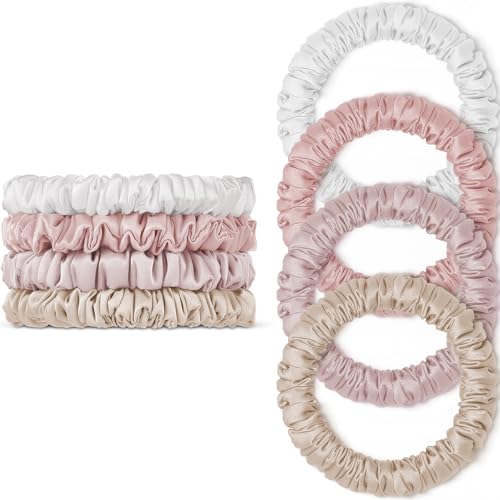 Scrunchies Hair Ties Silk Satin Scrunchy, WantGor Women 4PC Hair Bands | Pure Mulberry Silk Skinny Elastic Scrunchies Bracelets Ponytail Holders Hair Accessories (Champagne,White,Pink,Light Pink) - color: Champagne,White,Pink,Light Pink