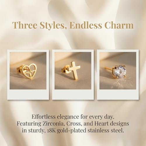 Gold Stud Earrings Set for Women, 18K Gold Plated Stainless Steel Hypoallergenic Earrings, Assorted Multipack with Faux Pearls, Crystals, and Geometric Shapes, Non-Tarnish Sensitive Ear Jewelry, Value Gift Set