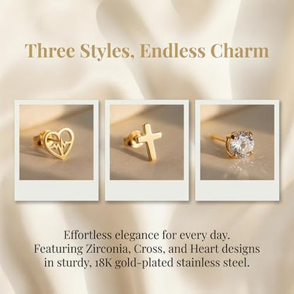 Gold Stud Earrings Set for Women, 18K Gold Plated Stainless Steel Hypoallergenic Earrings, Assorted Multipack with Faux Pearls, Crystals, and Geometric Shapes, Non-Tarnish Sensitive Ear Jewelry, Value Gift Set