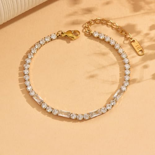 Tennis Bracelet for Women 18K Gold Plated White Red Green Black Blue Pink 3mm Cubic Zirconia Bracelet Dainty Diamond Adjustable Bracelet Trendy Jewelry Gift - color: White Tennis-Gold
