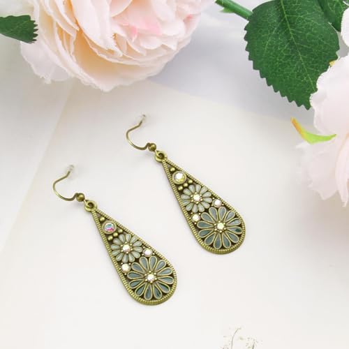 Handmade Bohemian Crystal Teardrop Dangle Earrings, Tribal Retro Copper Hollow Out National Style Geometry Enamel Floral Hook Earrings for Women, Ethnic Statement Jewelry