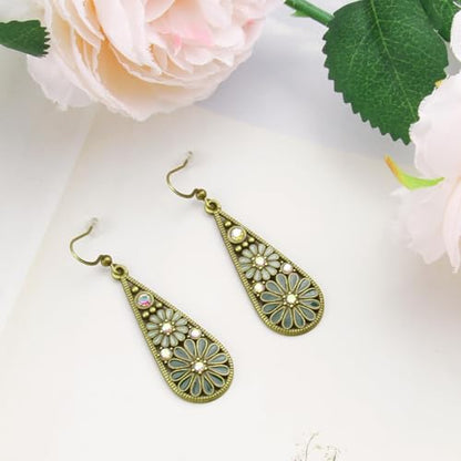Handmade Bohemian Crystal Teardrop Dangle Earrings, Tribal Retro Copper Hollow Out National Style Geometry Enamel Floral Hook Earrings for Women, Ethnic Statement Jewelry
