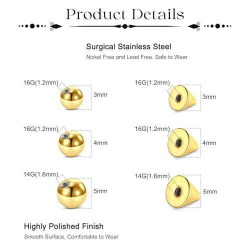 Fake Eyebrow Ring Fake Lip Labret Studs Replacement Balls Spike with 100pcs Sticker Non-Piercing Body Jewelry Fake Skin Piercing - color: A1 -Gold