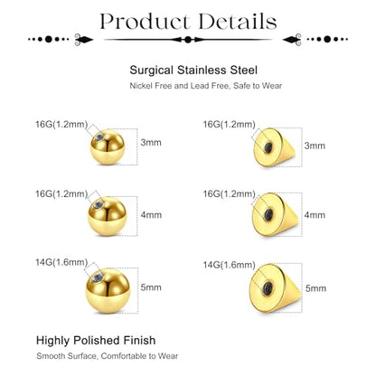 Fake Eyebrow Ring Fake Lip Labret Studs Replacement Balls Spike with 100pcs Sticker Non-Piercing Body Jewelry Fake Skin Piercing - color: A1 -Gold