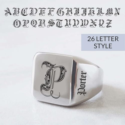Custom Signet Ring for Men Personalized Initial Ring Custom Mens Rings Engraved Ring Customized Memorial Graduation Gifts for Father Husband Boyfriend Friends - color: Square Silver
