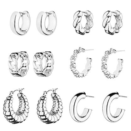 Wgoud 6 Pairs Chunky Gold Hoop Earrings for Women, 14K Gold Plated Hoop Earrings Hypoallergenic, Thick Lightweight Twisted Huggie Hoops Earring Set for Women’s Jewelry GIfts - color: 6 Silver Chunky Hoops