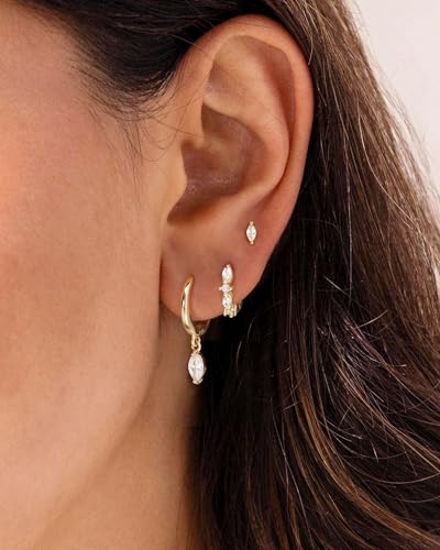 3 Pairs Earring Stacks, Gold Earring Set Jewelry Gift for Women | Small, 14K Gold/White Gold/Black/Rose Gold Plated, Hypoallergenic, Her, Everday, Stackable, Simple, 3 Holes - color: Gold-Marquise