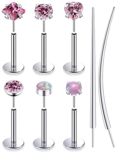 F136 Titanium 20/18/16g Internally Threaded Medusa Monroe Lip Ashley Labret Nose Rings Flat Back Tragus Helix Cartilage Conch Screw Stud Earrings Surgical Steel Piercing Jewelry for Women - color: Pink CZ, size: 16g*5/16in