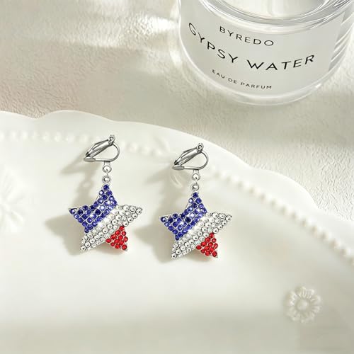 4th of July Independence Day Clip on Earring for Women American Flag Dangle Earrings Patriotic Red White Blue USA Earring, Pave Crystal Stud - color: Red