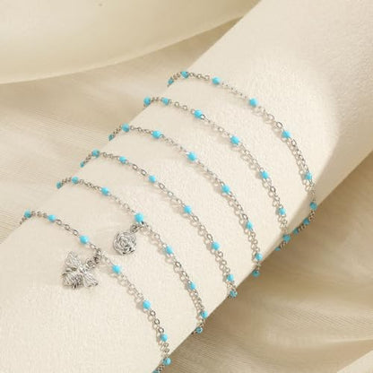 6 PCS Enamel Beaded Chains Bracelet Stainless Steel Link Bracelets | 6.7"+1.18", With Extender Chain, Fashion Jewelry Set, Gift For Women, Colorful, No Fade - color: Light Blue Silver