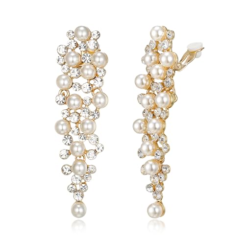 Bridal Statement Clip-on Earrings for Women Gorgeous Shiny Rhinestones Simulated Pearl Multi Beaded Cluster Chandelier Dangle Jewelry for Wedding Party Prom - color: Clear Gold-Tone