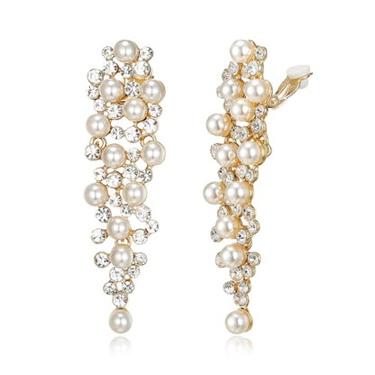 Bridal Statement Clip-on Earrings for Women Gorgeous Shiny Rhinestones Simulated Pearl Multi Beaded Cluster Chandelier Dangle Jewelry for Wedding Party Prom - color: Clear Gold-Tone