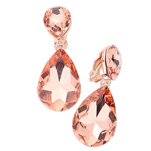 Rosemarie & Jubalee Women's Double Teardrop Statement Glass Crystal Rhinestone Dangle Clip On Bridal Earrings, 2" - color: Peach Crystal Rose Gold Tone