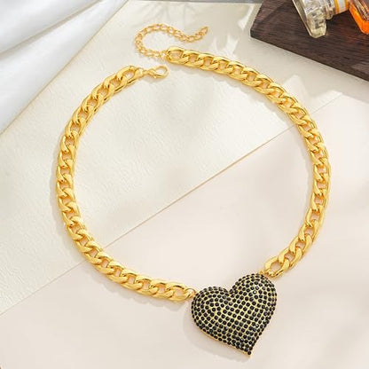 Gold Cuban Link Chain Necklace with Red Crystal Heart Pendant, Statement Chunky Curb Link Chain，Fashion Jewelry for Women - color: Black