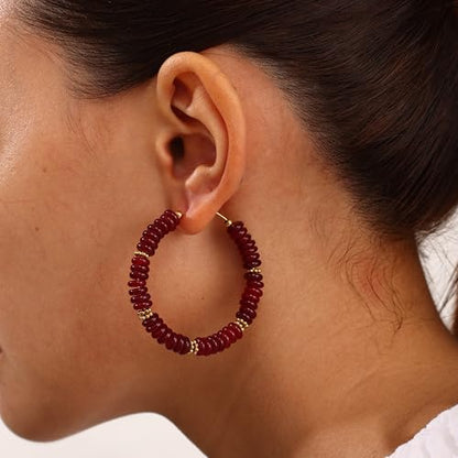 Wellike Beaded Hoop Earrings for Women Natural Stone Pink Gold Huggie Earrings Hypoallergenic Dainty Waterproof Trendy Jewelry - color: Burgundy, size: 50mm
