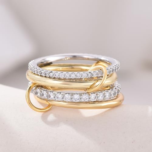 14K Gold Interlocking Stackable Rings for Women – Silver Gold Stack Ring Set with CZ, Two Tone Interlocked Stacked Ring, Multi-layer Statement Ring Jewelry - color: Upgraded 14K Gold&Silver CZ(4Layer), size: 10