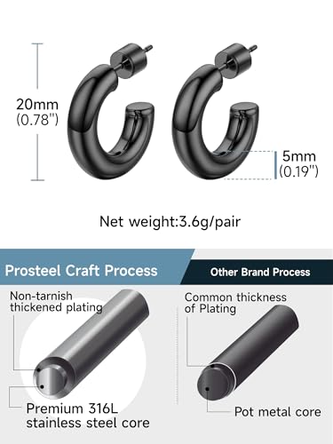 PROSTEEL Chunky Hoop Earrings for Women 14K Gold Plated/Black/Silver | 20/30/40/50/60/70/80mm Stainless Steel Thick Big Round Hoop with Waterproof and Non Tarnish Trendy Jewelry with Gift Box - color: 2. Black, size: 20MM