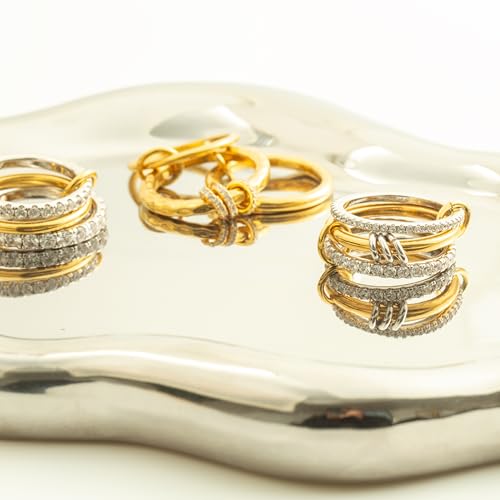 Stackable Rings for Women Non Tarnish,Dainty 18k Gold Plated CZ Cubic Zirconia Rings,Silver and Gold Rings Set,Multi-Link Connected Rings - color: Three rings set