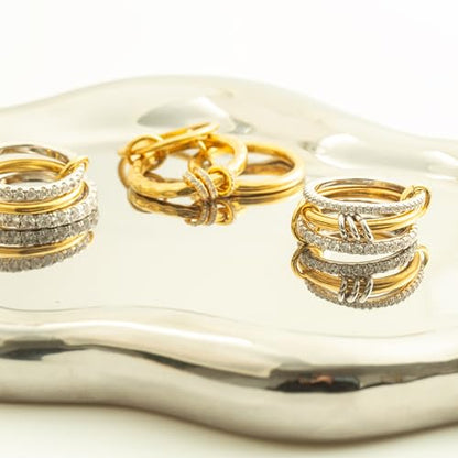 Stackable Rings for Women Non Tarnish,Dainty 18k Gold Plated CZ Cubic Zirconia Rings,Silver and Gold Rings Set,Multi-Link Connected Rings - color: Three rings set