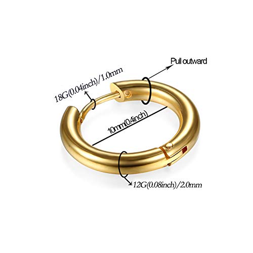 316L Surgical Stainless Steel Huggie Hoop Earrings 6mm 8mm 10mm 11mm 12mm 14mm Hypoallergenic Earrings Hoop Cartilage Helix Lobes Hinged Sleeper Earrings For Men Women - style: C01: 10mm Gold(THK 2.0mm)
